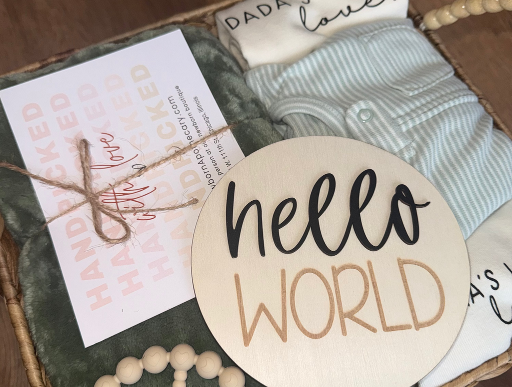 Gender Neutral “Hello World” baby gift basket (7 pieces)