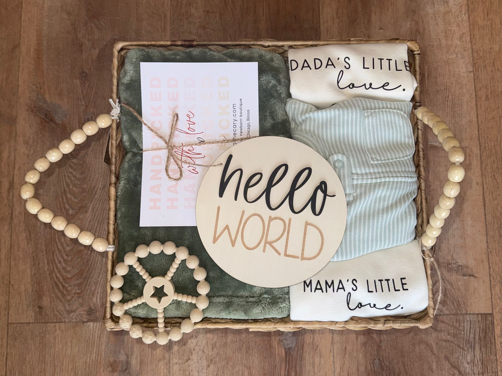 Gender Neutral “Hello World” baby gift basket (7 pieces)