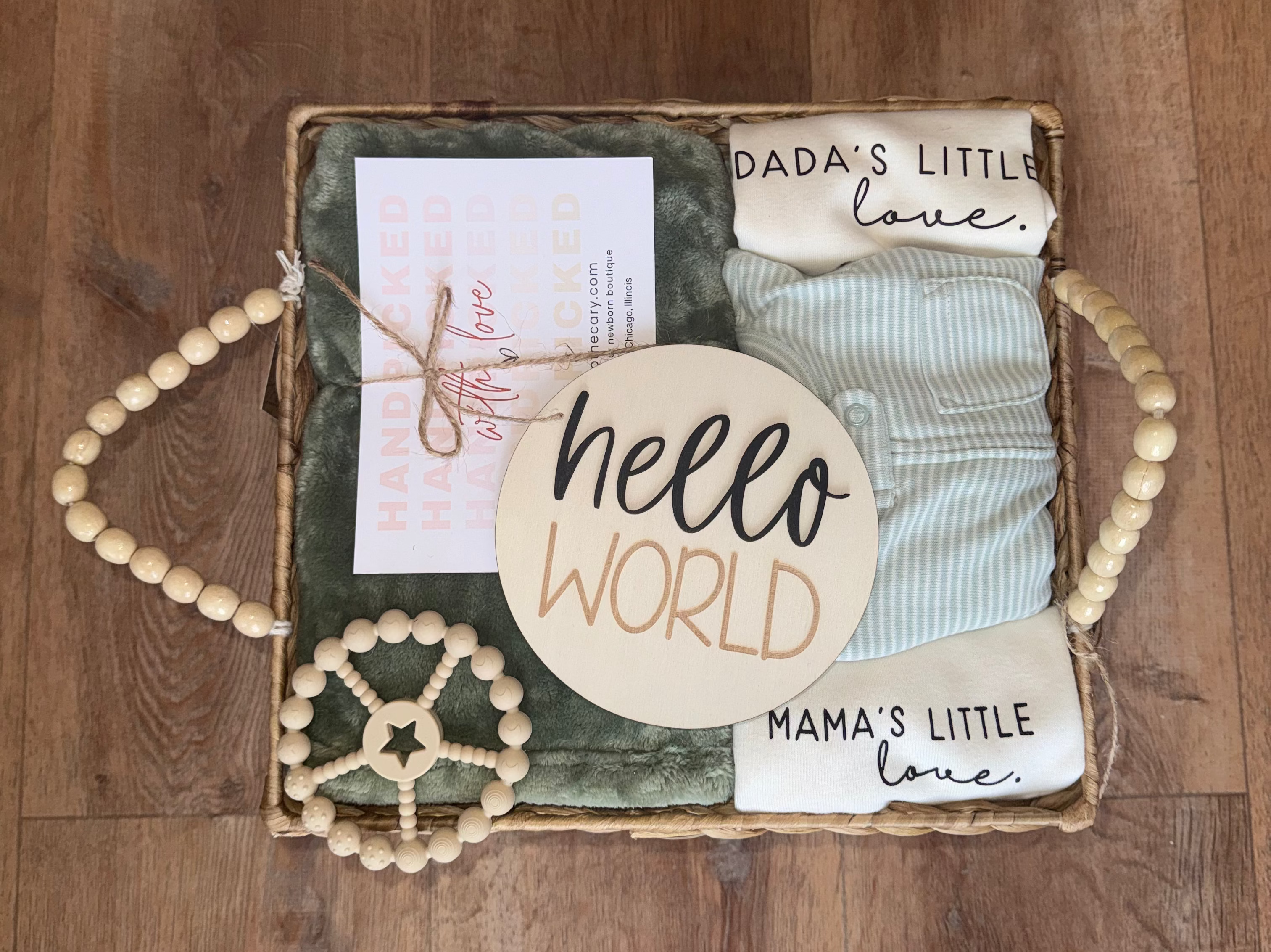 Gender Neutral “Hello World” baby gift basket (7 pieces)