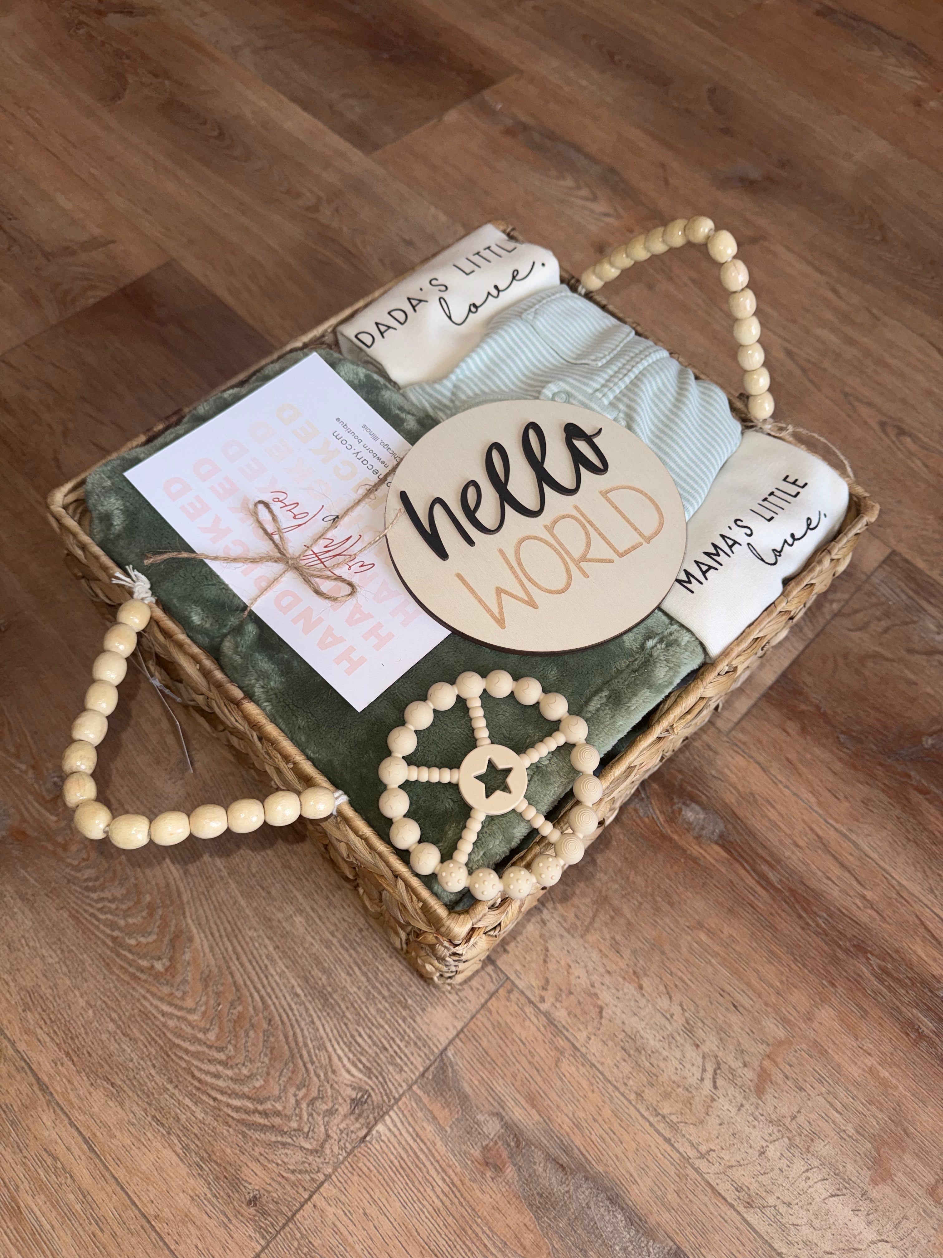 Gender Neutral “Hello World” baby gift basket (7 pieces)