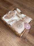 Baby girl, tan and white gift basket featuring Sophie the giraffe (6 pieces)