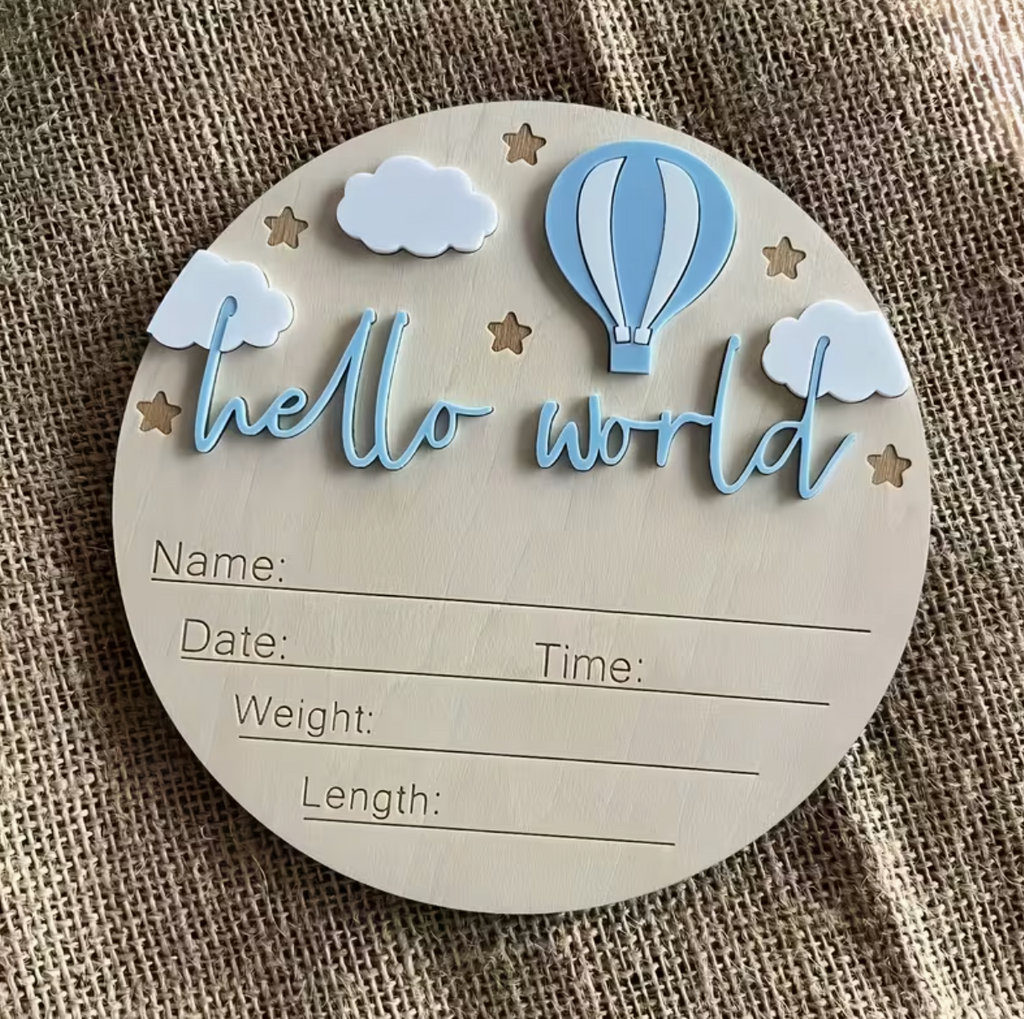 Hello World wood plaque announcement (blue or pink)