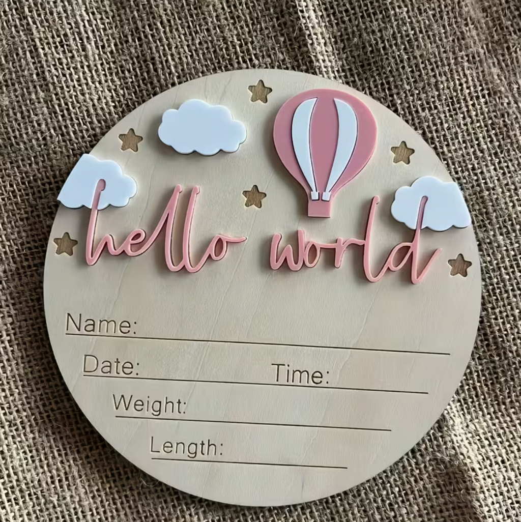 Hello World wood plaque announcement (blue or pink)