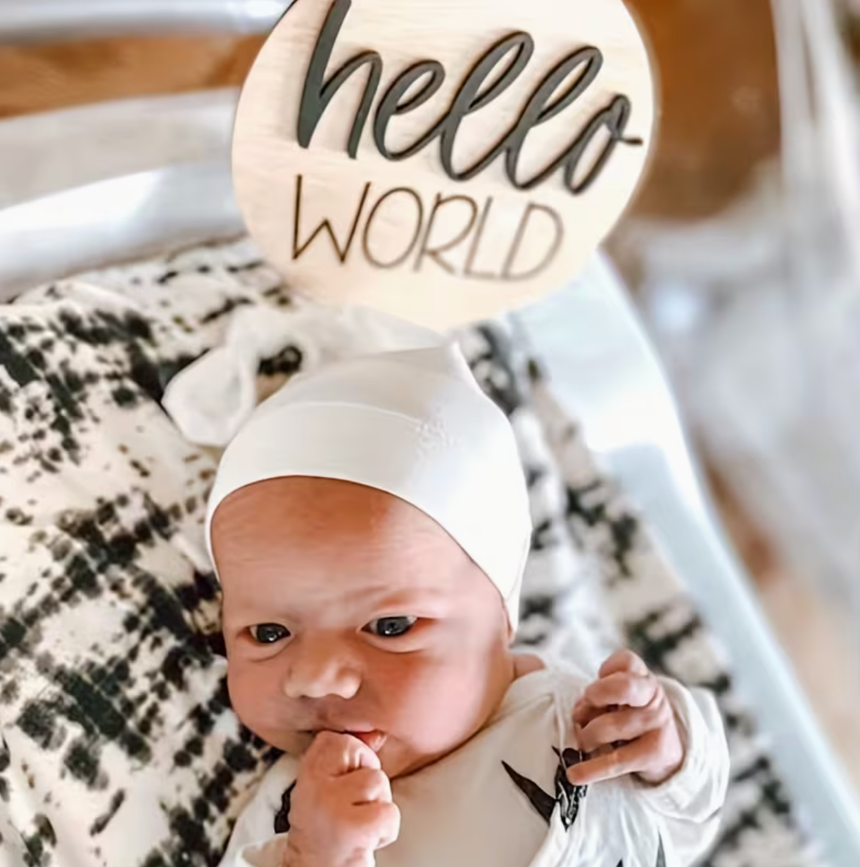 Hello World round wood plaque announcement
